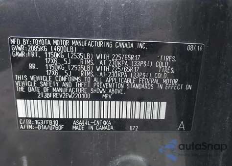 2014 Toyota Rav4 Le from USA, damaged, VIN 2T3BFREV2EW220100